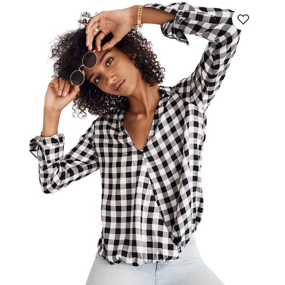 Madewell Wrap-Front Shirt in black and white plaid size xs - Picture 5 of 7
